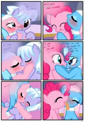 Size: 1741x2500 | Tagged: suggestive, artist:pyruvate, derpibooru import, aloe, cloudchaser, lotus blossom, pinkie pie, comic:the usual, blushing, comic, face licking, female, kissing, lesbian, licking, tongue out