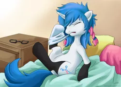 Size: 1400x1000 | Tagged: safe, artist:vanefox, derpibooru import, oc, oc:shear luck, unofficial characters only, pony, unicorn, bed, clothes, socks