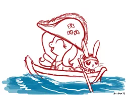 Size: 900x675 | Tagged: angel bunny, artist:aa, bicorne, boat, derpibooru import, fluttershy, hat, paddle, safe, water