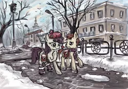 Size: 1600x1120 | Tagged: safe, artist:agm, derpibooru import, earth pony, pony, bag, beret, clothes, cyrillic, flower, hat, rose, russian, saddle bag, scarf, snow, soviet, soviet union, spring, streetlight, tree