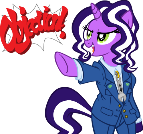 Size: 500x470 | Tagged: safe, artist:tygerbug, derpibooru import, oc, oc:purple tinker, unofficial characters only, pony, semi-anthro, unicorn, ace attorney, bipedal, clothes, female, image, mare, objection, phoenix wright, png, reaction image, simple background, solo, transparent background