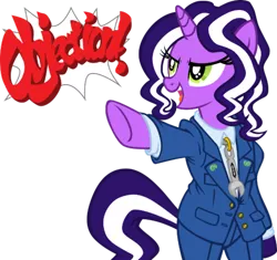 Size: 500x470 | Tagged: safe, artist:tygerbug, derpibooru import, oc, oc:purple tinker, unofficial characters only, pony, semi-anthro, unicorn, ace attorney, bipedal, clothes, female, image, mare, objection, phoenix wright, png, reaction image, simple background, solo, transparent background