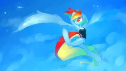 Size: 2133x1200 | Tagged: anthro, artist:iopichio, clothes, dancing, derpibooru import, rainbow dash, safe, sky, solo