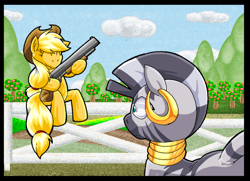 Size: 1089x790 | Tagged: anatomically incorrect, applejack, artist:virus-20, derpibooru import, fence, gun, incorrect leg anatomy, racism, racist barn, safe, shotgun, unfortunate implications, weapon, zebra, zecora