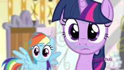 Size: 711x400 | Tagged: animated, come hither, derpibooru import, duo, ponyville confidential, rainbow dash, safe, screencap, twilight sparkle