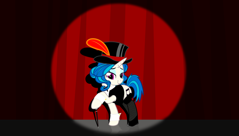 Size: 4169x2376 | Tagged: artist:up1ter, classy, clothes, curtains, derpibooru import, fishnets, hat, mole, safe, solo, spotlight, stage, stagelights, top hat, vinyl class, vinyl scratch