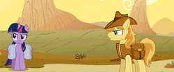 Size: 480x199 | Tagged: safe, derpibooru import, screencap, applejack, braeburn, little strongheart, rainbow dash, twilight sparkle, buffalo, earth pony, pegasus, pony, unicorn, over a barrel, animated, butt touch, female, hoof on butt, male, mare, now kiss, out of context, pushing, rump push, shipper on deck, stallion