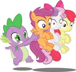 Size: 5000x4736 | Tagged: safe, artist:the-crusius, derpibooru import, apple bloom, scootaloo, spike, sweetie belle, dragon, earth pony, pegasus, pony, unicorn, absurd resolution, cutie mark crusaders, holding, holding a pony, simple background, transparent background, vector
