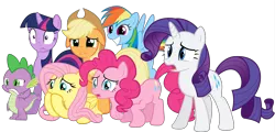 Size: 8124x3900 | Tagged: safe, artist:the-crusius, derpibooru import, applejack, fluttershy, pinkie pie, rainbow dash, rarity, spike, twilight sparkle, dragon, earth pony, pegasus, pony, unicorn, floppy ears, grin, mane seven, mane six, ouch, simple background, smiling, transparent background, unicorn twilight, varying degrees of want, vector