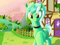 Size: 1280x960 | Tagged: safe, artist:fantdragon, derpibooru import, lyra heartstrings, pony, unicorn, bush, choker, cloud, collar, ear fluff, fence, house, ponyville, raised hoof, solo, spiked choker, spiked collar, tree