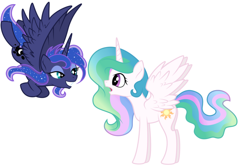 Size: 5000x3500 | Tagged: safe, artist:kp-shadowsquirrel, artist:yanoda, derpibooru import, princess celestia, princess luna, alicorn, pony, absurd resolution, alternate hairstyle, duo, ethereal mane, female, flying, grin, mare, royal sisters, siblings, simple background, sisters, smiling, starry mane, younger