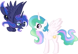 Size: 5000x3500 | Tagged: safe, artist:kp-shadowsquirrel, artist:yanoda, derpibooru import, princess celestia, princess luna, alicorn, pony, absurd resolution, alternate hairstyle, duo, ethereal mane, female, flying, grin, mare, royal sisters, siblings, simple background, sisters, smiling, starry mane, younger