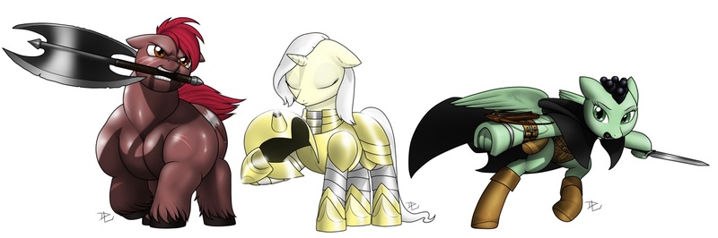 Size: 1280x426 | Tagged: safe, artist:lesang, derpibooru import, oc, oc:trample, oc:tumblehoof, oc:valiant sword, unofficial characters only, earth pony, pegasus, pony, unicorn, armor, axe, berserker, crossbow, dagger, fantasy class, helmet, knight, muscles, paladin, rogue, rpg, warrior, weapon