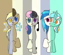 Size: 1150x1000 | Tagged: safe, artist:tastypony, derpibooru import, bon bon, derpy hooves, doctor whooves, lyra heartstrings, octavia melody, sweetie drops, time turner, vinyl scratch, earth pony, pegasus, pony, unicorn, background six, female, male, mare, stallion, swapped cutie marks, what my cutie mark is telling me