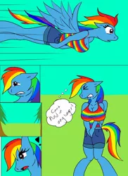 Size: 920x1265 | Tagged: anthro, artist:ninjajackle, breasts, busty rainbow dash, clothes, comic, covering crotch, derpibooru import, desperation, female, need to pee, omorashi, potty dance, potty emergency, potty time, rainbow dash, safe, solo, trotting, trotting in place