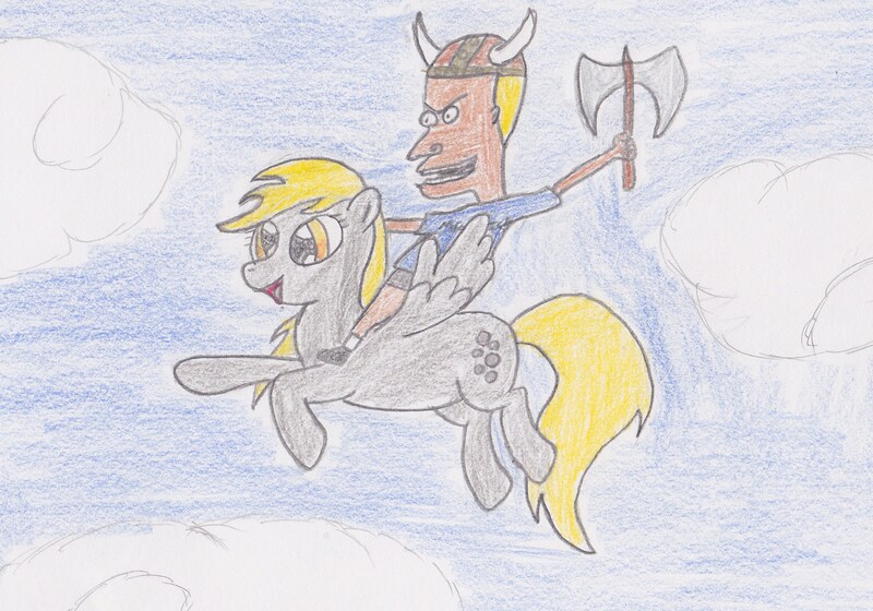 Size: 2636x1846 | Tagged: safe, artist:darkknightwolf2011, derpibooru import, derpy hooves, pegasus, pony, axe, beavis, beavis and butthead, cloud, cloudy, crossover, excited, female, helmet, mare, sky, traditional art, weapon