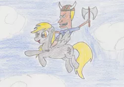 Size: 2636x1846 | Tagged: safe, artist:darkknightwolf2011, derpibooru import, derpy hooves, pegasus, pony, axe, beavis, beavis and butthead, cloud, cloudy, crossover, excited, female, helmet, mare, sky, traditional art, weapon