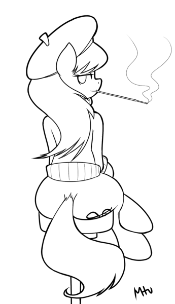 Size: 1104x1920 | Tagged: artist:miketheuser, bedroom eyes, beret, butt, clothes, derpibooru import, hat, monochrome, octavia melody, plot, plot rest, safe, simple background, sitting, smoking, solo, sweater