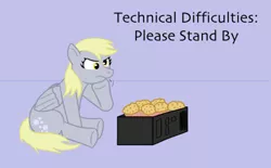 Size: 500x309 | Tagged: safe, artist:duskapassadig, derpibooru import, derpy hooves, pegasus, pony, computer, derpy hooves tech support, female, food, mare, muffin, solo, technical difficulties