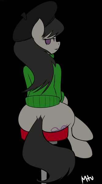 Size: 1000x1800 | Tagged: artist:miketheuser, bedroom eyes, butt, clothes, derpibooru import, edit, hat, octavia melody, plot, plot rest, safe, sitting, solo, sweater