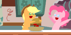 Size: 600x300 | Tagged: safe, artist:mrponiator, derpibooru import, applejack, pinkie pie, earth pony, pony, animated, apple, baking, dancing, female, food, hat, mare, open mouth, pointy ponies, spiderman thread, sugar (food)
