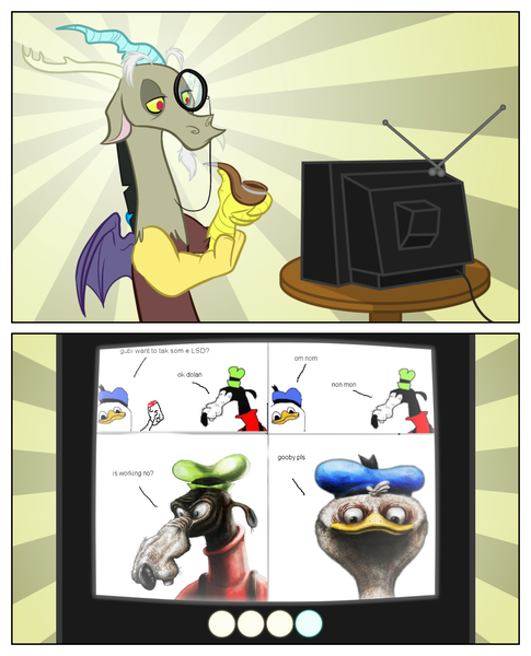 Size: 1050x1299 | Tagged: derpibooru import, discord, dolan, drugs, exploitable meme, gooby, gooby pls, lsd, meme, monocle, obligatory draconequus, obligatory pony, pipe, safe, sunburst background, tv meme