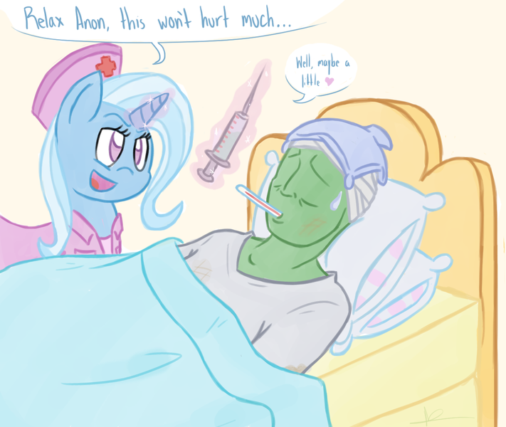 Size: 1246x1052 | Tagged: artist:hamflo, clothes, derpibooru import, ice pack, nurse, oc, oc:anon, safe, thermometer, trixie, uniform