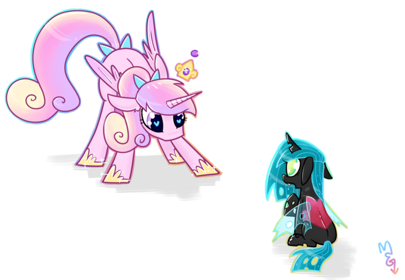 Size: 1074x744 | Tagged: safe, artist:meekcheep, derpibooru import, princess cadance, queen chrysalis, alicorn, changeling, changeling queen, nymph, pony, age regression, bow, cute, cutealis, cutedance, female, filly, filly queen chrysalis, foal, hair bow, heart eyes, signature, simple background, tail bow, teen princess cadance, teenager, time paradox, transparent background, wingding eyes, younger