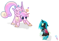 Size: 1074x744 | Tagged: safe, artist:meekcheep, derpibooru import, princess cadance, queen chrysalis, alicorn, changeling, changeling queen, nymph, pony, age regression, bow, cute, cutealis, cutedance, female, filly, filly queen chrysalis, foal, hair bow, heart eyes, signature, simple background, tail bow, teen princess cadance, teenager, time paradox, transparent background, wingding eyes, younger