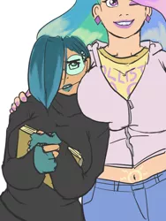 Size: 600x800 | Tagged: suggestive, artist:moronsonofboron, derpibooru import, princess celestia, queen chrysalis, human, belly button, big breasts, boob squish, braces, breasts, brolestia, busty princess celestia, busty queen chrysalis, chryslestia, dork, dorkalis, female, glasses, height difference, humanized, lesbian, lipstick, nail polish, reversalis, shipping, size difference, sweater puppies, woman