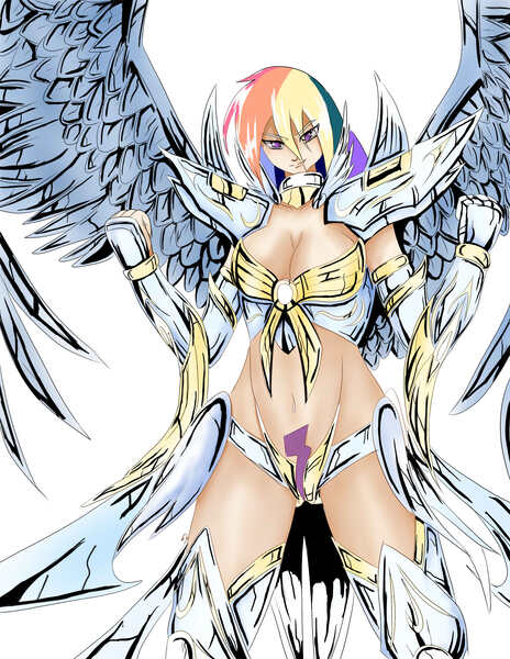 Size: 1700x2200 | Tagged: armor, artist:darkamerion, artist:igniamatis, badass, derpibooru import, human, humanized, rainbow dash, safe, saint seiya, unconvincing armor