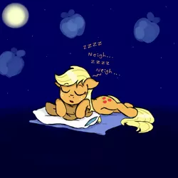 Size: 800x800 | Tagged: safe, artist:ichibangravity, derpibooru import, applejack, earth pony, pony, apple, cloud, cute, eyes closed, female, floppy ears, food, hat, horses doing horse things, jackabetes, mare, moon, neigh, night, onomatopoeia, open mouth, pillow, prone, sleeping, snoring, solo, sound effects, stars, zzz