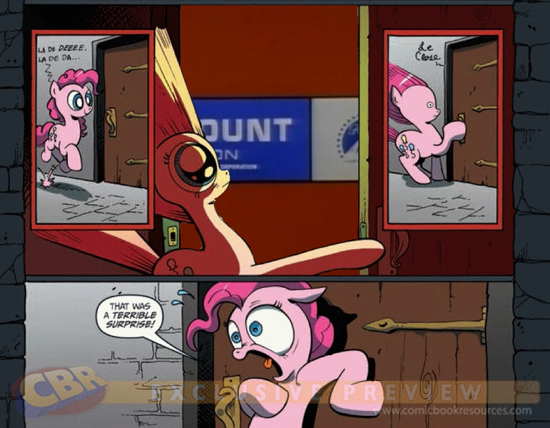 Size: 900x700 | Tagged: closet killer, closing logo, derpibooru import, exploitable meme, idw, meme, obligatory pony, paramount, pinkie pie, safe, surprise door, vanity plate