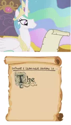 Size: 560x988 | Tagged: derpibooru import, edit, edited screencap, exploitable, exploitable meme, fancy, friendship lesson, friendship report, funny, meme, no free rides, paper, princess celestia, princess celestia's letters for the day, procrastination, reference, report, safe, screencap, scroll, smiling, solo, spongebob squarepants, text, the