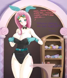 Size: 919x1070 | Tagged: suggestive, artist:rammbrony, derpibooru import, edit, fluttershy, bat pony, human, adorasexy, big breasts, blushing, bowtie, breasts, bunny ears, bunny suit, busty fluttershy, cleavage, clothes, costume, cute, dangerous mission outfit, dialogue, female, flutterbat, gloves, goggles, hoodie, huge breasts, humanized, implied rarity, leotard, playboy bunny, race swap, sexy, solo, solo female