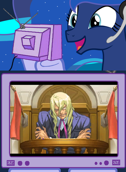 Size: 560x768 | Tagged: ace attorney, breakdown, courtroom, derpibooru import, exploitable meme, gamer luna, kristoph gavin, meme, obligatory pony, princess luna, safe, tv meme, witness