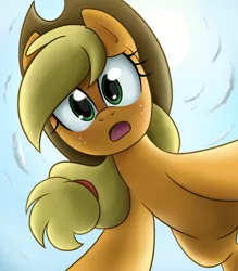 Size: 2100x2400 | Tagged: applejack, artist:steffy-beff, cute, derpibooru import, jackabetes, looking at you, micro, offscreen character, pov, safe, sky, solo, worried