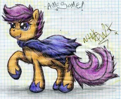 Size: 2478x2028 | Tagged: artist:urbanhawk, cape, clothes, derpibooru import, safe, scootaloo, sketch, solo, superscoot, traditional art