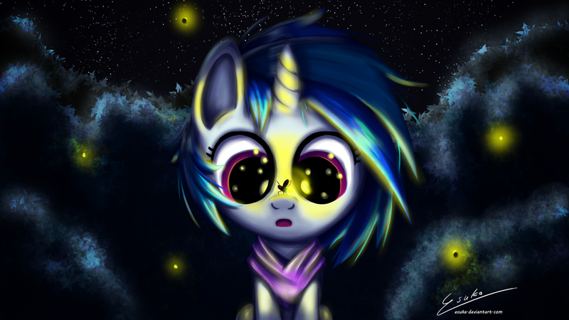 Size: 2000x1125 | Tagged: safe, artist:esuka, derpibooru import, vinyl scratch, firefly (insect), insect, pony, ask-canterlot-musicians, image, night, png, solo