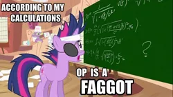 Size: 1000x562 | Tagged: caption, chalkboard, derpibooru import, frown, future twilight, image macro, math, open mouth, op is a faggot, reaction image, safe, slur, solo, spike, text, twilight sparkle, vulgar, wide eyes