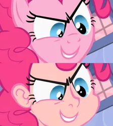 Size: 830x927 | Tagged: artist:gikima, comparison, derpibooru import, evil grin, grin, human, humanized, pinkie pie, safe, scene interpretation, screencap reference, smiling