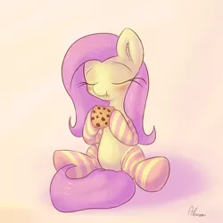 Size: 1200x1200 | Tagged: artist:alasou, clothes, cookie, cute, derpibooru import, eating, fluttershy, food, safe, shyabetes, socks, solo, striped socks