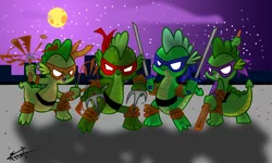 Size: 1024x613 | Tagged: artist:sebastieng, clothes, costume, derpibooru import, dragon, mask, moon, night, parody, safe, spike, sword, teenage mutant ninja turtles, weapon