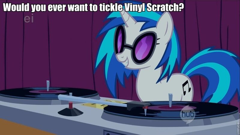 Size: 960x540 | Tagged: caption, derpibooru import, ei, hub logo, image macro, question, roflbot, safe, text, tickle challenge, vinyl scratch