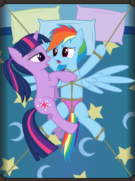 Size: 6000x8000 | Tagged: questionable, artist:joey, derpibooru import, rainbow dash, twilight sparkle, absurd resolution, alternate hairstyle, bed, bondage, clothes, dashsub, drool, drool string, female, femsub, image, kissing, lesbian, panties, png, ponytail, shibari, shipping, spread eagle, submissive, twidash, twidom, underwear