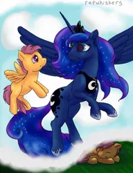 Size: 950x1237 | Tagged: artist:ratwhiskers, derpibooru import, dream, dream walker luna, princess luna, safe, scootaloo, scootaloo can fly, scootaloo can't fly, sleeping