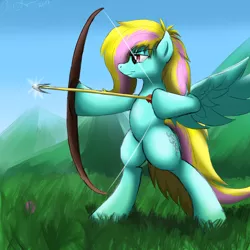 Size: 1000x1000 | Tagged: safe, artist:jinyaranda, deleted from derpibooru, derpibooru import, oc, unofficial characters only, pony, arrow, bipedal, bow (weapon), bow and arrow, dexterous hooves, weapon