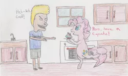 Size: 3300x1965 | Tagged: safe, artist:darkknightwolf2011, derpibooru import, pinkie pie, pony, beavis, beavis and butthead, bipedal, crossover, cupcake, food, traditional art