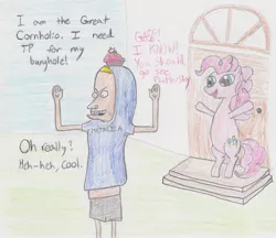 Size: 2630x2272 | Tagged: safe, artist:darkknightwolf2011, derpibooru import, pinkie pie, pony, beavis, beavis and butthead, bipedal, cornholio, crossover, cupcake, food, traditional art