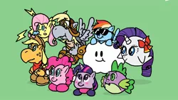 Size: 1920x1080 | Tagged: applejack, artist:shyguyxxl, bob-omb, bomb, bombette, bow, cloud, cowboy hat, derpibooru import, fluttershy, flying, freckles, goomba, goombario, green background, hat, hilarious in hindsight, horn, koopafied, koopa troopa, kooper, lady bow, lady rariboo, lakilester, lakitu, lakitu cloud, lil sparky, looking up, mailbag, mane seven, mane six, nintendo, paper mario, parakarry, paratroopa koopa, pinkie pie, rainbow dash, rarity, safe, scrunchy face, simple background, smiling, species swap, spike, style emulation, sunglasses, super mario bros., twilight sparkle, video game, weapon, wings